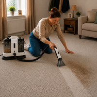 Femme nettoyant une large tache de moquette avec la shampouineuse tapis et tissus Nettovia