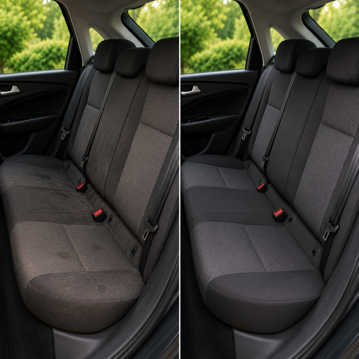 Comparaison avant-après d'une banquette de voiture nettoyée avec la shampouineuse voiture puissante Nettovia