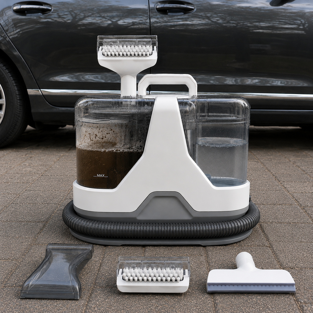 Shampouineuse voiture puissante Nettovia avec ses accessoires (buses et brosse) posée devant un véhicule