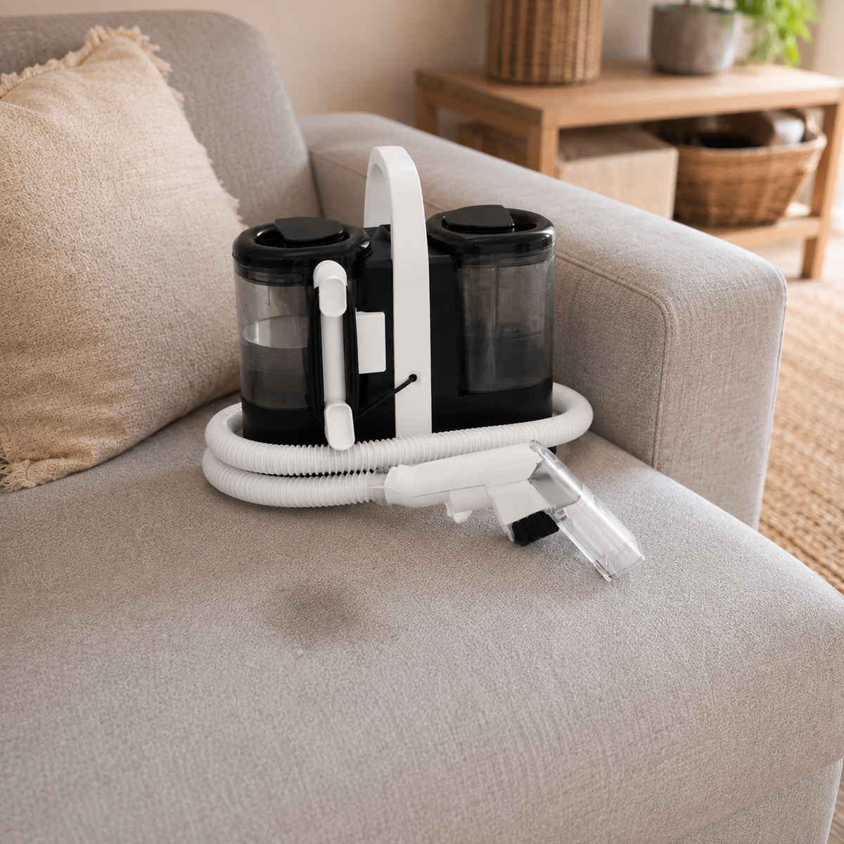 Shampouineuse noir et blanc posé sur un canapé beige, avec réservoirs transparents, tuyau flexible et embout de nettoyage, dans un intérieur chaleureux Image