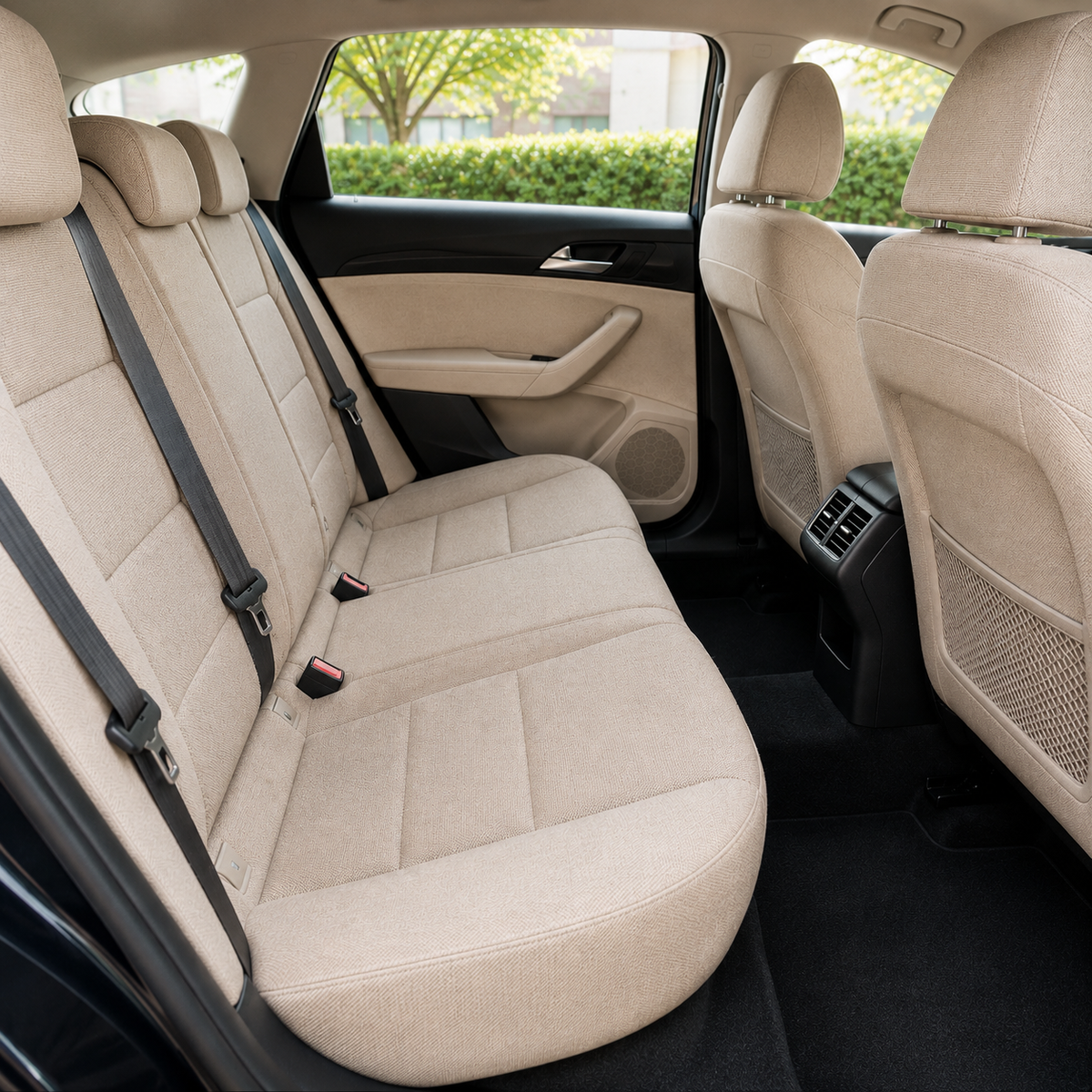 Habitacle arrière d’une voiture avec banquette en tissu beige, ceintures de sécurité visibles, tapis noir et console centrale équipée d’aérations, dans un environnement lumineux
