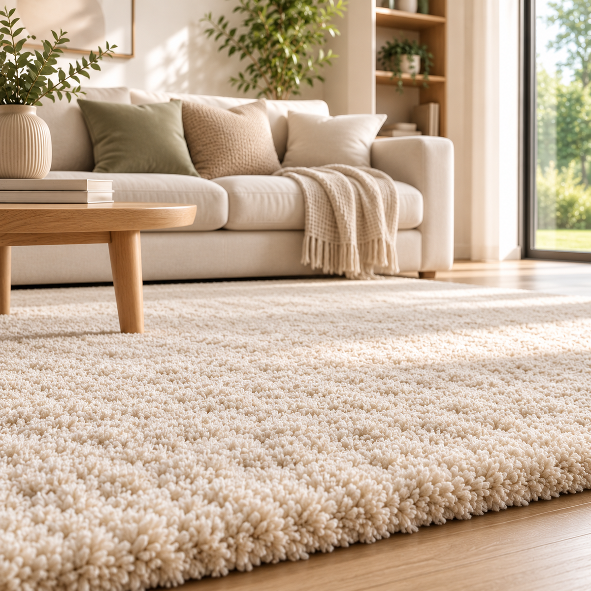 Tapis épais écru occupant le premier plan d’un salon lumineux, avec canapé beige, table basse en bois, plantes décoratives et grandes fenêtres donnant sur un espace verdoyant